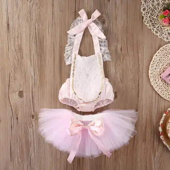Rozā Baby Meiteņu Mežģīņu Ziedu Romper+Tutu Svārki Kleita 2gab Apģērbs, Apģērbu Komplekts