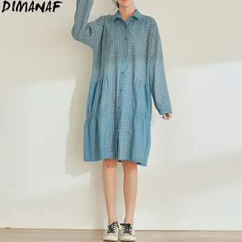 DIMANAF Plus Lieluma Sievietēm, Lina Kleita Rudens Stilu Savārstījums Sieviešu Pleds Drukāt Zaudēt Modes Vintage Gadījuma Ir 2021. Lielo Izmēru Kleitas