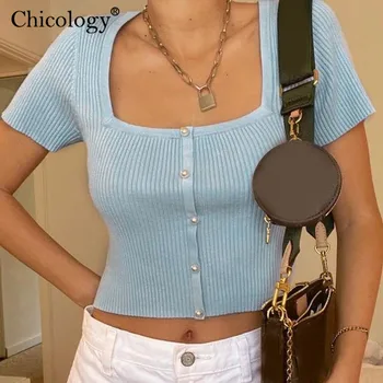 Chicology adīt mīksto pogu gadījuma T-krekls sievietēm īsā sleevel kultūraugu top 