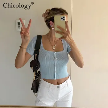 Chicology adīt mīksto pogu gadījuma T-krekls sievietēm īsā sleevel kultūraugu top 
