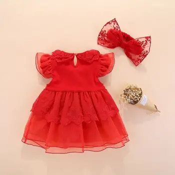 Jaundzimušais meitene, vasaras kleitas+galvassegu 0 1 gadu ziedu sarkanu mežģīņu princess dress birthday party bērnu apģērbu vestido infantil
