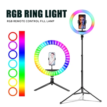 Fotogrāfija Apgaismojums 10inch RGB Krāsains LED Selfie Riņķa Gaisma Ar Statīvu Stāvēt Tālrunis Klipu Ringlight par TikTok YouTube Live
