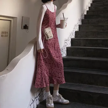 Rudens 2020. gadam, sievietēm, kas iespiests v-veida kakla kleita lady elegants Velveta Francija Gara kleita sieviešu spageti siksnas pavasara vestidos Studentiem