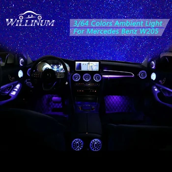 Gaisa Kondicionēšanas Gaismu Mercedes Benz W205 GLC C Klases Automašīnas Turbīnas Gaisa Izplūdes LED 3/64 Krāsas Apkārtējās Gaismas Ventilācijas Ieplūdes Apdare