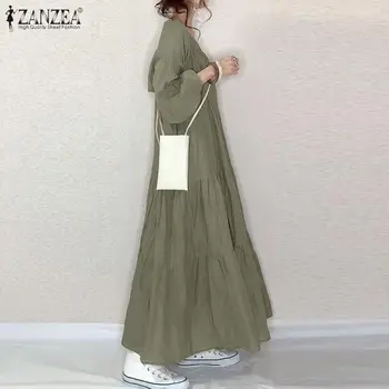 Ir 2021. Sieviešu Rudens V-Veida Kakla Puff Piedurknēm Ilgi Sundress Gadījuma Elegants Femme Ruffles Puse Vestido Kaftan Lielgabarīta Maxi Kleita