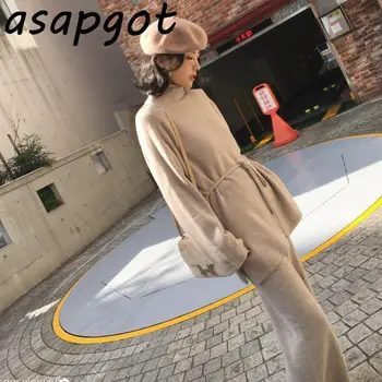 Korejas Šiks Modes Rudenī Jaunu Puse Augstu Uzrullētu Apkakli Džemperi Sievietēm Elastīga, Augsta Vidukļa Trikotāžas Plaša Kāju Bikses Savvaļas 2 Gabali, Kas Nosaka Gadījuma