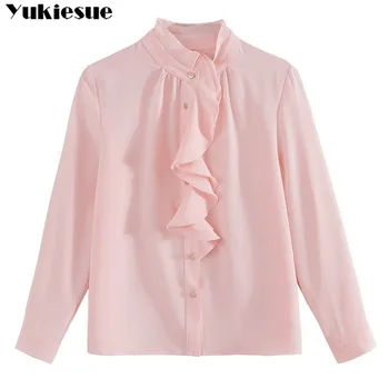 Modes sieviešu topi un blūzes plus lieluma šifona blūze, krekls ruffles biroja blūze ar garām piedurknēm, sieviešu krekli blusas balta, rozā