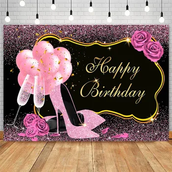 Rozā Spīdums Pieaugušo Dzimšanas Dienas Svinības Fons Baloni Papēži Šampanieti Rožu Dekoru Pasūtījuma Dzimšanas Dienu Photo Booth Fona