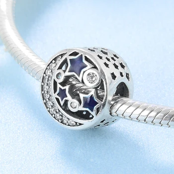 Jauns 925 Sterling Silver Moon blue zircon zvaigznes kārta ažūra modes DIY krelles Fit Original europeu Piekariņi Rokassprādzes pieņemšanas