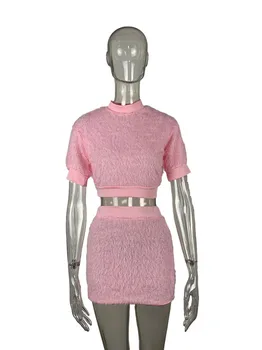 Sievietes 2 Gabals Top, Svārki Elegants Uzvalks Modes Īss Regulāri Piedurknēm Tīrtoņa Krāsu Apaļu Kakla Slim Montāžas Stilīgs Komplekti