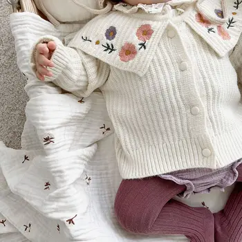 Bērniem meiteņu Jaciņa sweatersAutumn Jaunu Mežģīņu Apkakle Izšūta Ziedu Džemperis bērnu pure/balta krāsa meitene bērnu trikotāžas džemperis