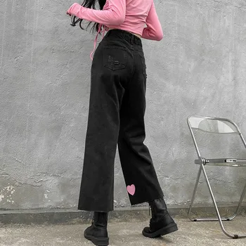 SHENGPALAE Streetwear Rozā Sweet Love Drukāšanas Džinsi Sieviešu Pavasarī Ir 2021. Jaunu Augsto Vidukli, Taisna Caurule Džinsa Bikses Sieviešu 5B555