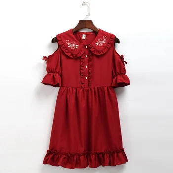Meitenes Vintage Red Lolita Kleita Gotikas Stilā Izšūta Apkakle Plecu-off ar garām Piedurknēm ar Mežģīņu Kleita