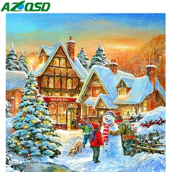 AZQSD Dimanta Izšuvumi Ziemassvētku Mājā, Pilnu Kvadrātveida/Apaļā Dimanta Urbšanas Krāsošana 5d Sniega Ainavu Mājas Dekoru Cross Stitch Komplekti