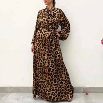 Bohemian Sievietēm ar garām Piedurknēm Kleitas Leopards Drukāt Krekls Kleitas ir 2021. VONDA Sen Maxi Kroku Vestido Plus Lieluma Drēbes Femme S-5XL