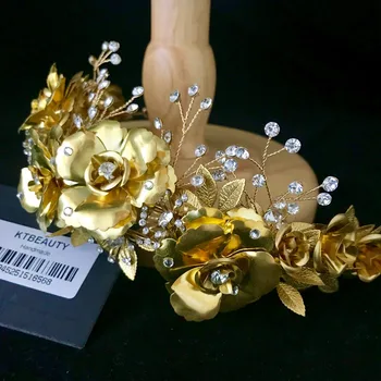 Jaunā Luksusa Zelta Ziedi Headpiece Tiara Lielāka Pasūtījuma Rhinestones Royal Karaliene, Princese Gājienā Puse Kroņa Bridesmaids