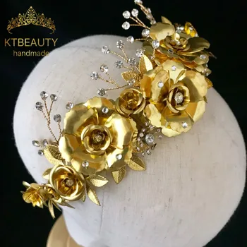 Jaunā Luksusa Zelta Ziedi Headpiece Tiara Lielāka Pasūtījuma Rhinestones Royal Karaliene, Princese Gājienā Puse Kroņa Bridesmaids