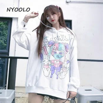 NYOOLO Harajuku Japāņu Komiksi meitene drukāt garām piedurknēm hoodies sieviešu Rudens streetwear vaļēju apkakli kapuci frotē sporta krekls