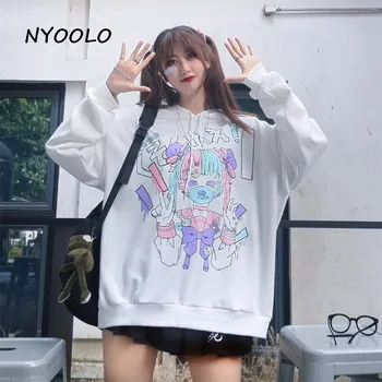 NYOOLO Harajuku Japāņu Komiksi meitene drukāt garām piedurknēm hoodies sieviešu Rudens streetwear vaļēju apkakli kapuci frotē sporta krekls