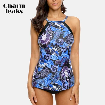 Charmleaks Sieviešu Tankini Uzstādīt Vintage Ziedu Drukāt Peldkostīmi, Augsta Kakla Peldkostīmu Regulējams Svītru Bikini Peldkostīms