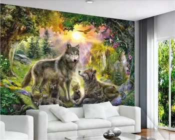 Beibehang tapetes Saulainu meža pelēks vilks dzīvnieku ainavu bērnu istabas tapetes papier peint sienas 3d 3d tapetes uz sienas