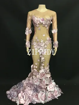 Modes Dizaina Rozā Ziedi Redzēt Ar Gara Kleita 3D Modeli Acs Stiept Birthday Party Kleita Sievietēm Dziedātāja Sniegumu Kostīms