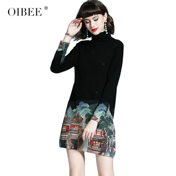 OIBEE2019 rudens un ziemas sieviešu jauns augstas kakla pozicionēšanas drukāšanas garām piedurknēm modes novājēšanu zemāko džemperis kleita