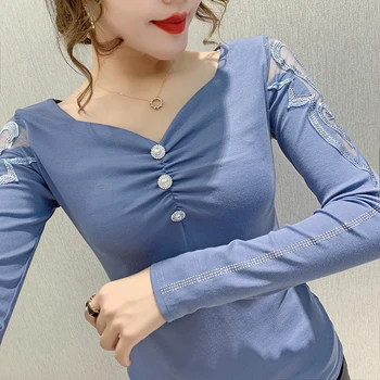 Fall Winter korejiešu Stilā, T-kreklu Šiks Sexy V-Neck Pārklājus Raibs Spīdīgu Dimaonds Kokvilnas Sieviešu Topi Ropa Mujer Tees 2020. gadam T09227L