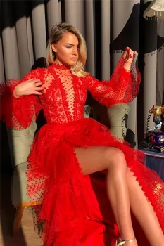 Sevintage Red Daudzpakāpju Punkti Tilla Vakara Kleitas Ilgi Puff Piedurknēm Mežģīnes, Balles Kleitas Sexy Augstu Šķēlumu Princese Sievietes Puses Kleita Ir 2021.