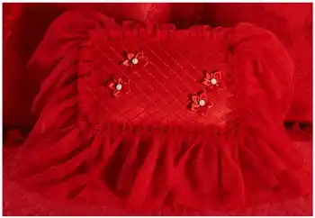 Žakarda Satīns gultas loksnes ar kokvilnas Sarkanu mežģīņu princese gultas komplekts luksusa 4/6pcs kāzu sega sedz, gultas veļa queen, King size