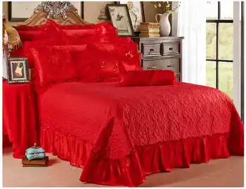 Žakarda Satīns gultas loksnes ar kokvilnas Sarkanu mežģīņu princese gultas komplekts luksusa 4/6pcs kāzu sega sedz, gultas veļa queen, King size