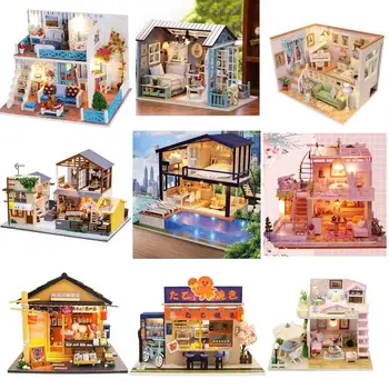 Leļļu Nams Koka Mēbeles Diy Māju Miniatūras Lodziņā Apkopot Puzzle 3D Miniaturas Namiņš Komplekti, Rotaļlietas, Bērnu Dzimšanas dienas Dāvana