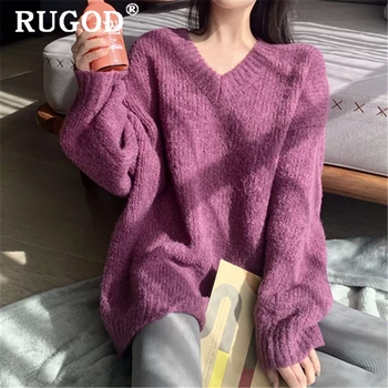 RUGOD Ziemas mīksts trikotāžas sieviešu džemperis 2019 korejas šiks V kakla garām piedurknēm silts lielgabarīta puloveri sieviešu Modes valkāt purpura