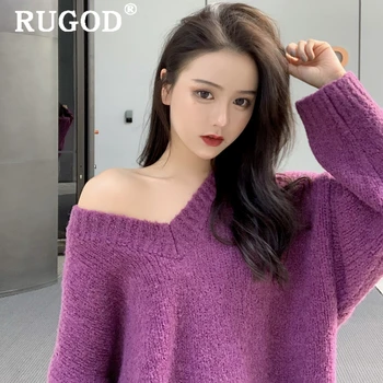 RUGOD Ziemas mīksts trikotāžas sieviešu džemperis 2019 korejas šiks V kakla garām piedurknēm silts lielgabarīta puloveri sieviešu Modes valkāt purpura
