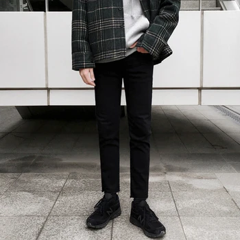 2019. gada Rudens Un Ziemas Jauno korejas Vīriešu tīrtoņa Krāsu Džinsi Modes Casual Slim Mid-high Waist Apgriezts Bikses Black M-2XL
