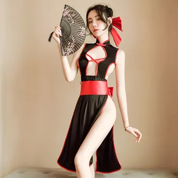 Pušu Šķeltas Kleitas Qi Pao Eksotisko Cosplay Tērpi Sievietēm Ķīniešu Cheongsam Ragana Vienotu Seksīgu Babydoll Apakšveļa Komplekts Meitene Apģērbs