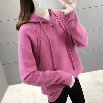 Rudens un ziemas sieviešu džemperis džemperis ir slinks un zaudēt ar jaunu stilu, kā arī sieviešu ziemas sabiezējumu kapuci Adīts Tops