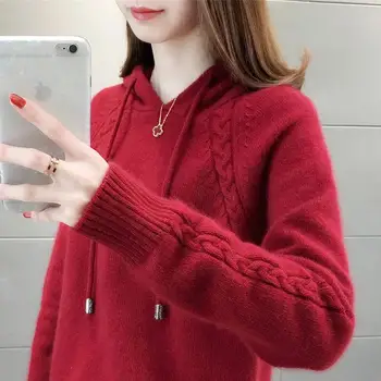 Rudens un ziemas sieviešu džemperis džemperis ir slinks un zaudēt ar jaunu stilu, kā arī sieviešu ziemas sabiezējumu kapuci Adīts Tops