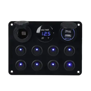 8 Banda Šūpuļzirgs Slēdzis Panelī Ūdensizturīgs LED Displejs, Ciparu Voltmetrs Dual USB Ports, 12V/24V Kontaktligzdas Kombinācija Auto Jūras Laivu