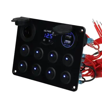 8 Banda Šūpuļzirgs Slēdzis Panelī Ūdensizturīgs LED Displejs, Ciparu Voltmetrs Dual USB Ports, 12V/24V Kontaktligzdas Kombinācija Auto Jūras Laivu