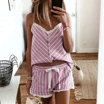 Sieviešu pidžamas komplekts 2020. gada vasaras naktsveļu tops un bikses dāmas sleepwear sexy svītru strapless divus gabalus mājas drēbes