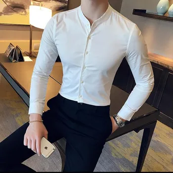 Vīriešu krekli 2020. gada Pavasarī Jaunu Boutique Vīriešu Kokvilnas tīrtoņa Krāsu Apkakles Gadījuma garām piedurknēm Krekli Augstas klases Atpūtas Stāv Krekli