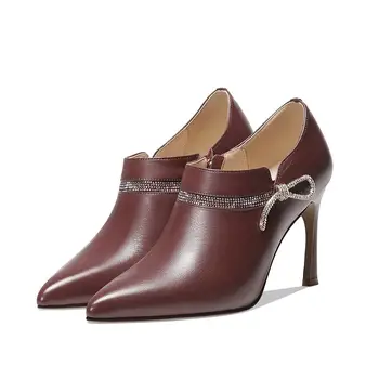 ALLBITEFO rhinestone bowtie īstas ādas zīmola augstpapēžu kurpes kāzu sieviešu kurpes rudens/pavasara biroja dāmas sieviešu kurpes augstpapēžu kurpes