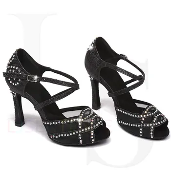 Sensual Black Rhinestones Sandales Deju latīņu Tango Deju Kurpes Mīkstas Vienīgais augstpapēžu kurpes Sieviešu Stabilu latīņamerikas deju kurpes L418