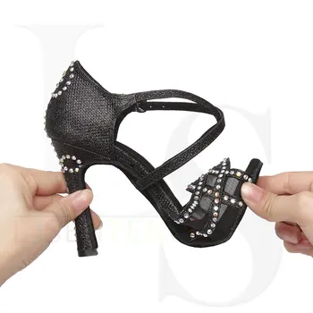 Sensual Black Rhinestones Sandales Deju latīņu Tango Deju Kurpes Mīkstas Vienīgais augstpapēžu kurpes Sieviešu Stabilu latīņamerikas deju kurpes L418
