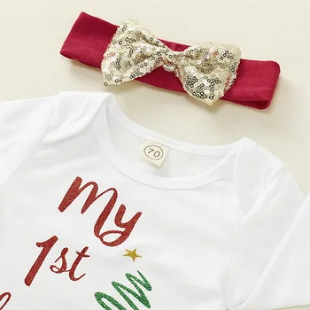 Pudcoco Jaundzimušais Meitene Drēbes Mans 1. Ziemassvētku Drukāt garām Piedurknēm Romper Topi Sequin Tilla Mini Svārki Galvu 3Pcs Tērpiem