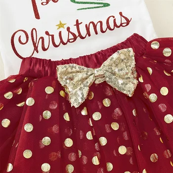 Pudcoco Jaundzimušais Meitene Drēbes Mans 1. Ziemassvētku Drukāt garām Piedurknēm Romper Topi Sequin Tilla Mini Svārki Galvu 3Pcs Tērpiem