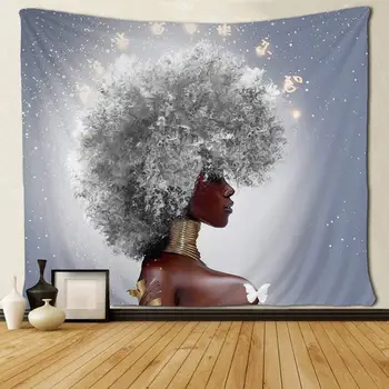 Āfrikas Sievietēm Afro ar Baltiem Matiem Gobelēni Hipiju Art Sienas Karājas, lai Guļamistaba, Dzīvojamā Istaba Kopmītnes Istaba
