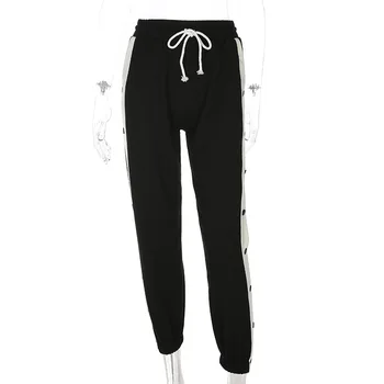 Augsta Vidukļa Harēma Bikses Pogas Pusē, Izkaisītas Mežģīnes Up Ilgi Sievietes Ikdienas Black Modes Streewear pantalon femme 2020