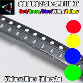 5 x 100gab/Color=500pcs Jaunu 0603 (0602) Pusē SMD LED KOMPLEKTS Sarkana/Zaļa/Zila/Balta/Dzeltena